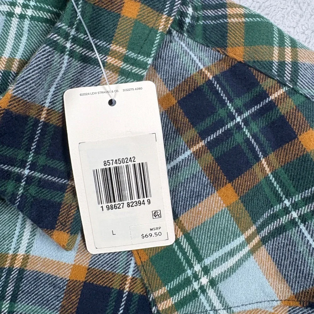 Levis Men Green Plaid The Western Standard Fit Cotton Flannel Shirt Pearl Snap L